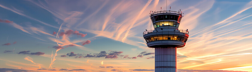 Control tower at evening, glowing sunset, light streaks, soft twilight colors, striking sky