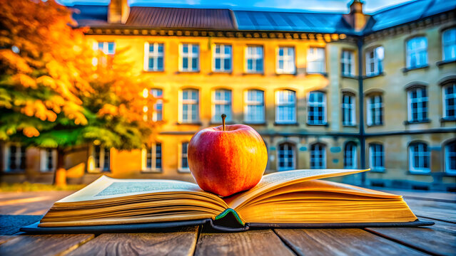 Open Book and Apple in Front of Historic University Building. Perfect for: Back to School, Graduation Day, World Teachers' Day, International Literacy Day, Educational materials, academic promotions.