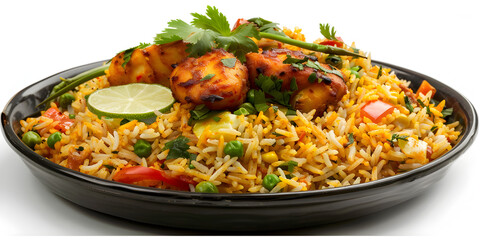 Delicious spicy chicken biryani on black plate with white background, Indian chicken biriyani with basmati rice and masala flavour