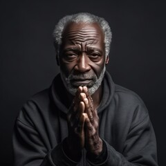 Black background sad black American independent powerful man. Portrait of older mid-aged person beautiful bad mood expression isolated on background racism skin color