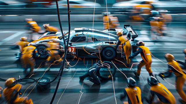 Pit crew in action during a highspeed race