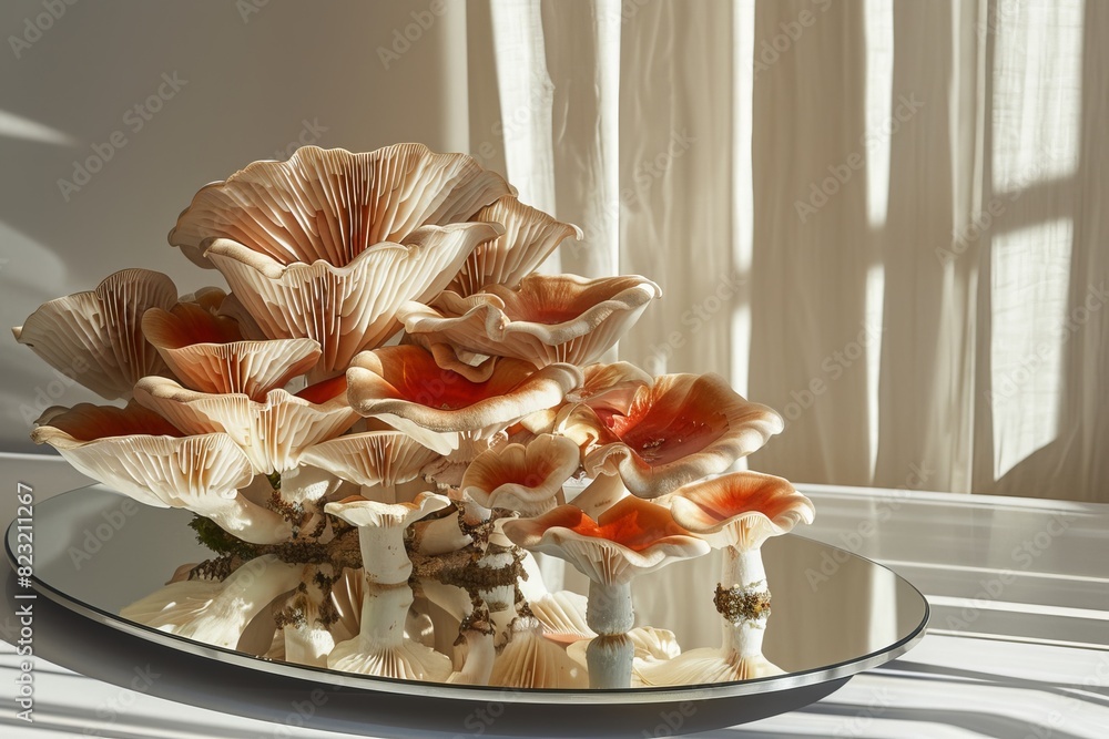 Poster image of various types of mushrooms on a plain background.