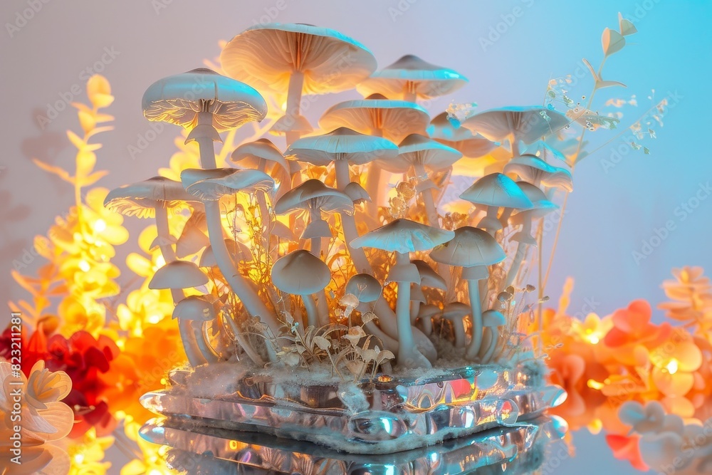 Poster image of various types of mushrooms on a plain background.