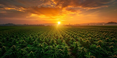 View stunning sunset over large marijuana field bathed in golden sunrays. Concept Nature Photography, Cannabis Cultivation, Sunset Views, Golden Hour Photography, Landscape Beauty