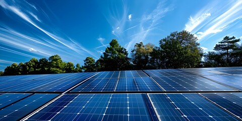 Stunning solar panels against a backdrop of clear blue sky and nature. Concept Renewable Energy, Solar Power, Blue Sky, Nature, Sustainability