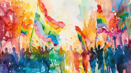 A watercolor artwork illustrating a pride parade filled with people holding hands and waving rainbow flags, the fluid and bright colors conveying a sense of movement and celebration