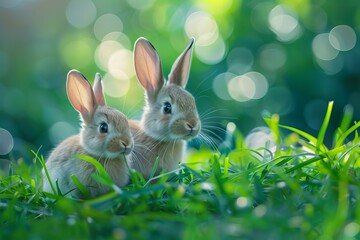 Two rabbits relaxing grass field