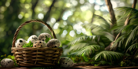 Easter festive composition of wicker basket with small spotted eggs, Easter eggs in wicker basket decorated with white flowers