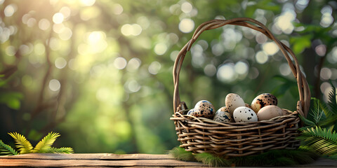 Bird eggs in wicker basket on forest background, Organic Egg Collection in a Rustic Basket