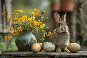 Rabbit next to flowers and eggs