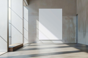 Obraz premium Sophisticated gallery featuring a single large landscape blank poster in a sleek setting.