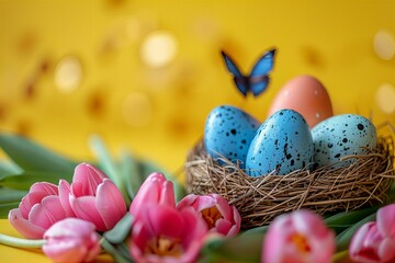 Eggs nest tulips butterfly pink three spring