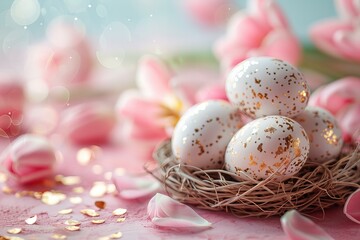 Fototapeta premium Four eggs nest gold flakes pink table