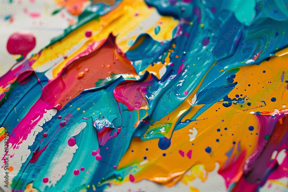 Poster vibrant colors splash on paper, creating chaotic abstract patterns generated by ai