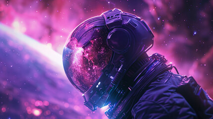 Futuristic man in a helmet, gazing at the cosmos with a glowing purple backdrop