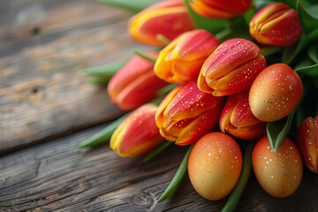 Red and yellow tulips on wooden table
