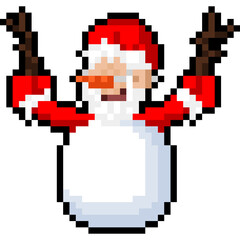 Pixel art  cartoon santa claus playling as snowman