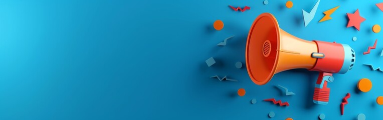 A minimalist collage featuring a red and orange megaphone against a bright blue wall