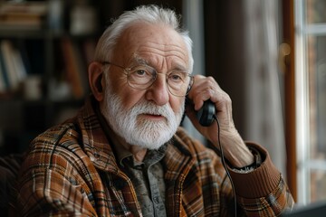 Man with glasses and beard talking on phone