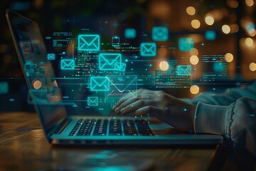 Obraz premium Person typing on laptop with multiple email icons