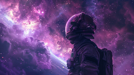 Futuristic man in a helmet, gazing at the cosmos with a glowing purple backdrop