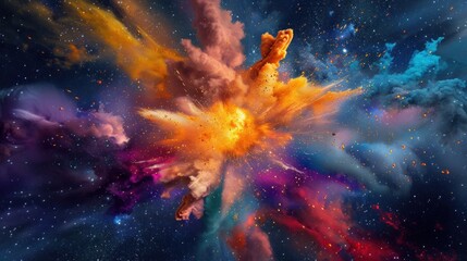 A colorful explosion on a dark space-themed background