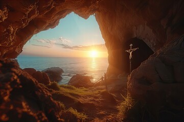 Man in cave looking at ocean