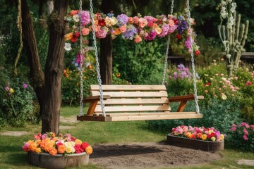 Ornate Swing decorated flowers nobody. Bright prop. Generate Ai