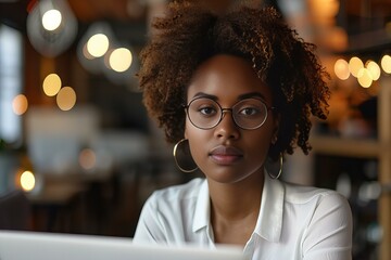 A woman working on laptop at table