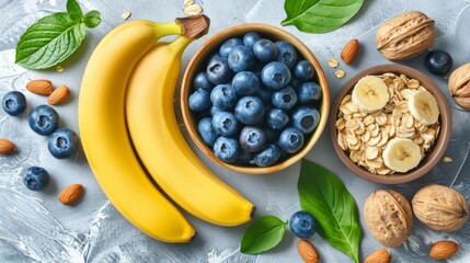 A bowl containing a mixture of fresh blueberries, sliced bananas, walnuts, and assorted nuts. The concept of a healthy breakfast.
