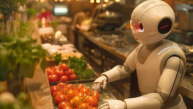 A robot efficiently slicing, dicing, and prepping vegetables in a bustling restaurant kitchen.