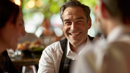A restaurant waiter man is chatting with guests with a friendly smile.