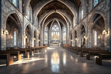 church hall with colorful window arches and a symbol of holiness.