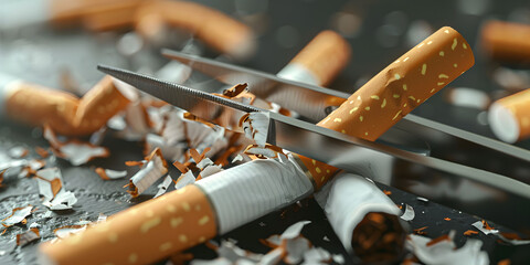 Cigarette butts on a black ashtray with smoke, World No Tobacco Day Concept Stop Smoking