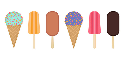 Ice cream set on transparent and white background. Brown chocolate popsicle. Red and orange popsicles. Waffle cone with green and lavender ice cream. Vector cartoon illustration.