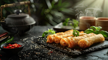 Spring Rolls Arranged in a fan shape on a black slate plate, with a bamboo steamer and tea set in...