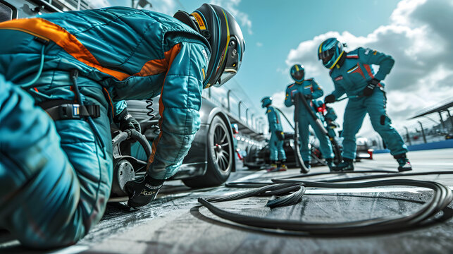 Racing team poised on the track for action. Pit crew in action during a tire change at a race track.