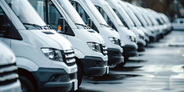 Row of new white vans parked in order, focus on first van