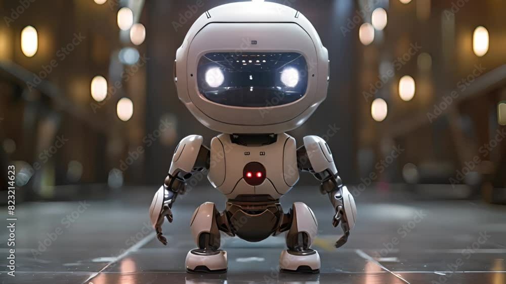 Poster a small white robot is positioned in a hallway, showcasing its simple and sleek design against the b