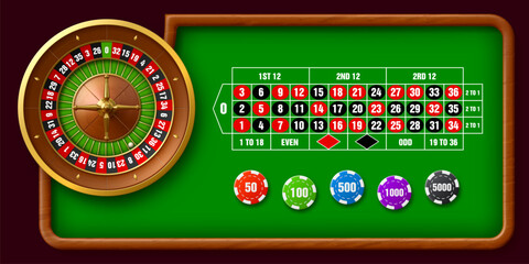 Casino roulette table. Vector gamble game background with spinning roulette wheel with alternating red and black numbered slots, green betting mat with wagering options, and chips indicating values