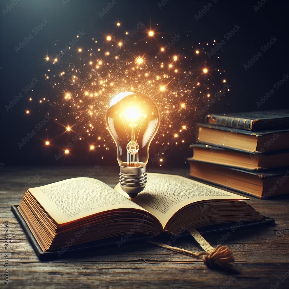 Aufkleber a glowing light bulb floating over an open book surrounded by sparkles on a dark wooden table, symbo