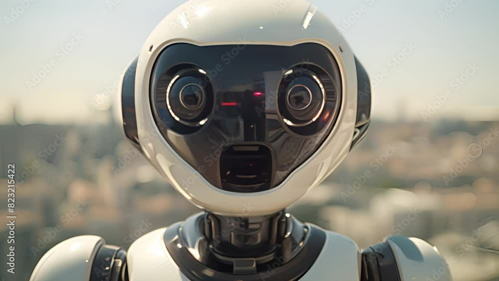 Aufkleber a robot with white and black colors is facing the camera, looking directly at the viewer with a curi