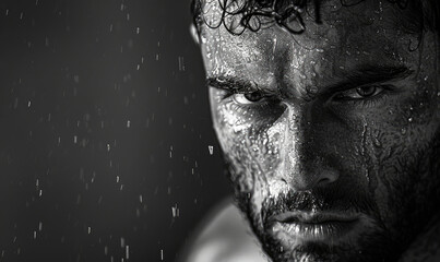 No pain - no gain. A closeup of an intense-looking athlete. Black-and-white photograph