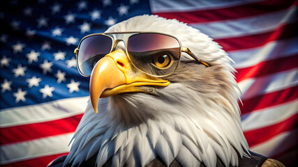 Eagle Wearing Aviator Sunglasses with American Flag: A Symbol of Freedom and Patriotism. Perfect for: Independence Day, Memorial Day, Veterans Day, Flag Day, Patriotic event promotions.