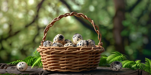 Quail eggs in wicker basket with forest background, Easter festive composition of wicker basket with small spotted eggs