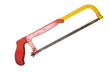 Closeup view of hacksaw with red handle mechanic tool