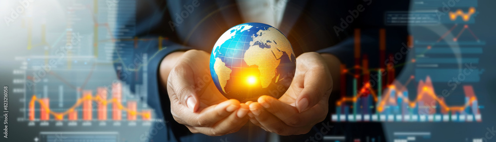 Poster businessman holding a globe with a bunch of numbers and graphs on it
