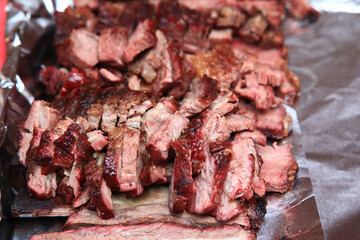 View of the sliced barbecue on the. tray