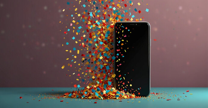 3D confetti phone celebrate party winner. Smart 3d screen surprise confetti gadget illustration. Cellphone screen background empty template