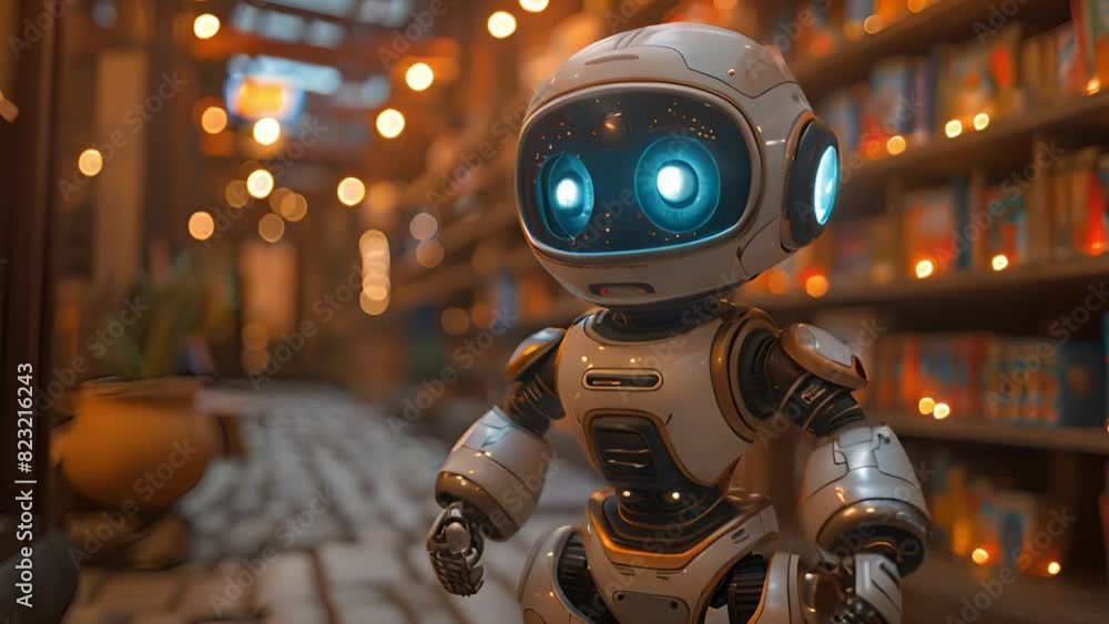 Poster a robot is navigating through shelves of books in a bookstore.